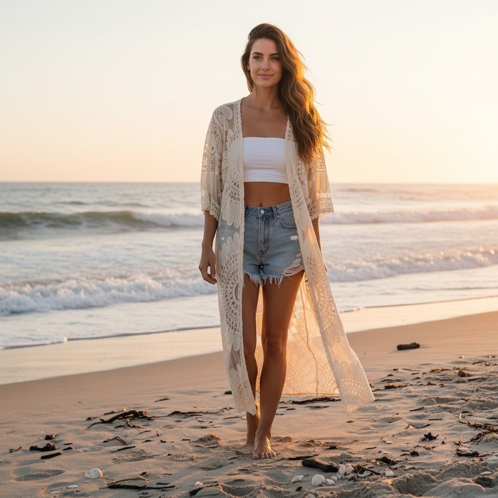 Cream‎ Sheer Long Line Duster Cardigan Small Boho Fairy Festival Kimono Hippie